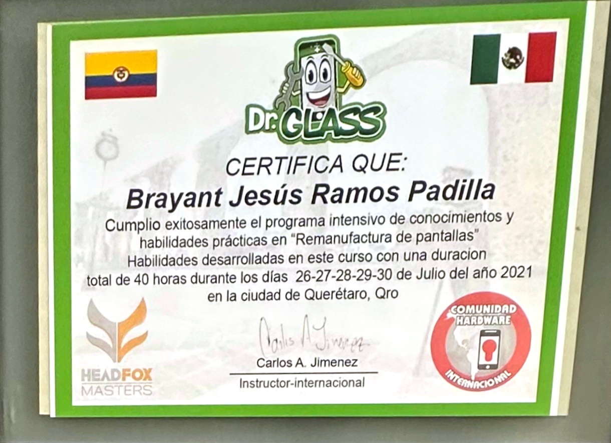 Constancia de formación en remanufactura de pantallas con Dr. Glass, Dr. Cel Uruapan