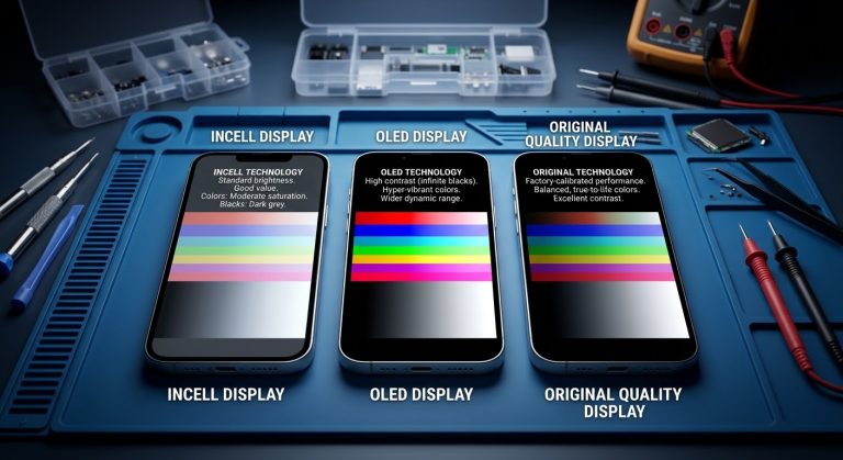 Tres pantallas de smartphone brillando en un banco de trabajo de reparación, ilustrando las diferencias de contraste y color entre tecnologías Incell, OLED y original